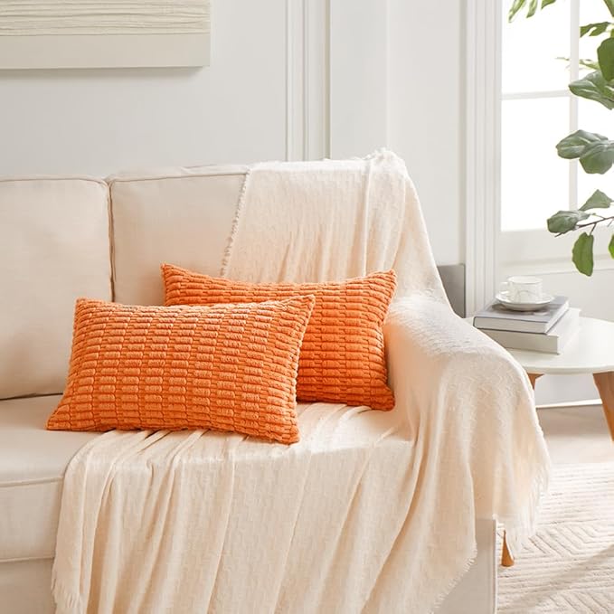 Fancy Homi 4 Packs Orange Fall Decorative Throw Pillow Covers 16x24 Inch for Couch Bed Sofa, Halloween Pumpkin Autumn Home Decor, Soft Cute Plush Corduroy Striped Cushion Case 40x60 CM