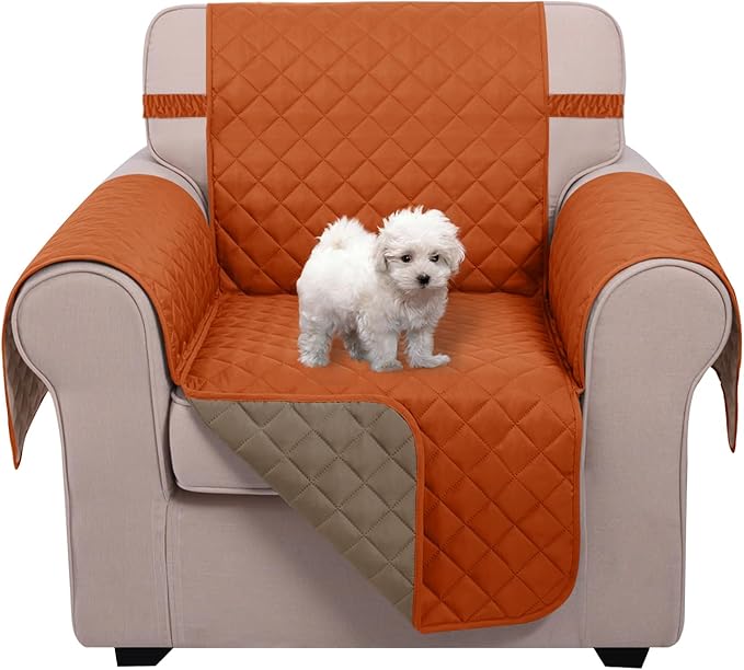 U-NICE HOME Recliner Chair Covers Reversible Chair Cover Pet Covers for Dogs with Elastic Straps Water Resistant Diamond Quilted (23''Armchair, Orange/Taupe)
