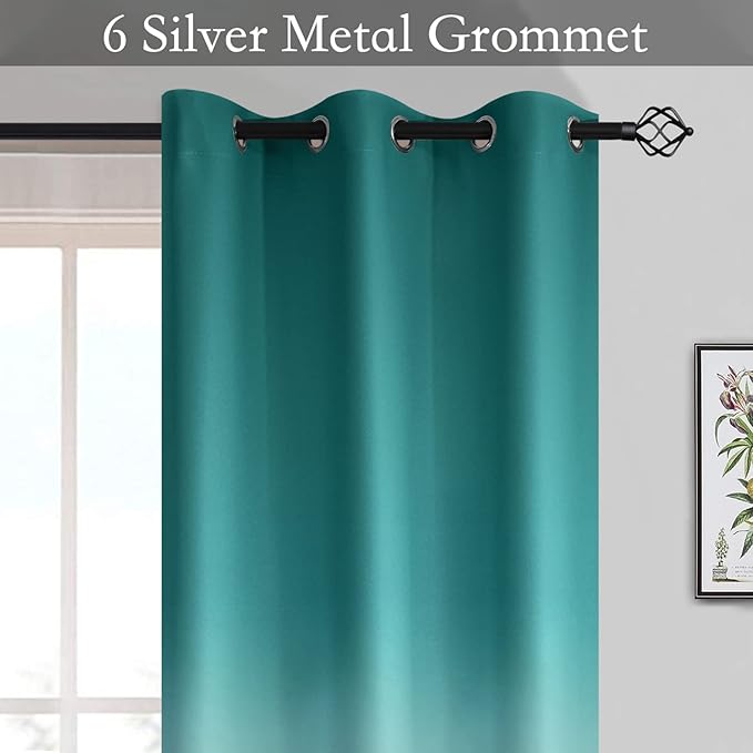SimpleHome Ombre Room Darkening Curtains for Living Room, Light Blocking Gradient Teal to Grey White Thick Thermal Insulated Grommet Window Curtains/Drapes for Bedroom, 2 Panels, 42x63 inches Length