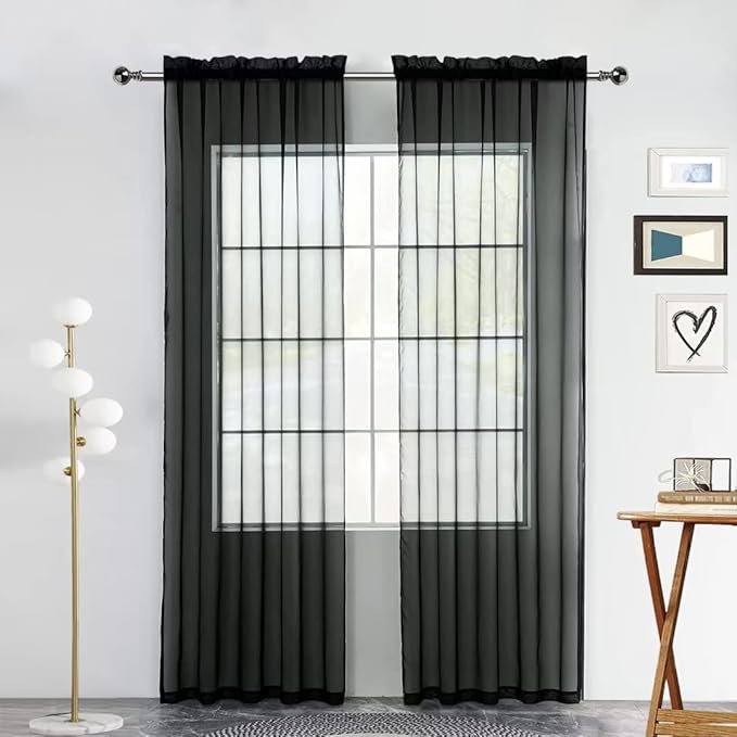 SpaceDresser Sheer Voile Window Treatment Rod Pocket Curtain Panels for Kitchen Bedroom Living Room Drapes Sunlight Filtering Privacy Semi Home Decor Assorted (Black, 52 W x 96 L)
