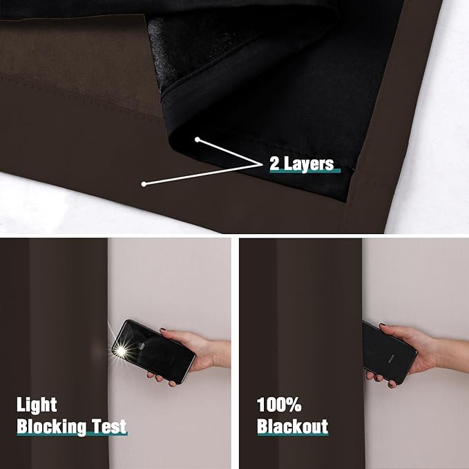 ChrisDowa 100% Blackout Curtains for Bedroom with Black Liner, 2 Thick Layers Total Blackout Thermal Insulated Grommet Window Curtains 2 Panels Set (Brown, 52 x 72 Inch)