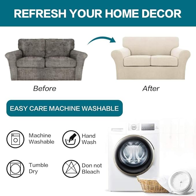 Turquoize 3 Piece Sofa Covers for 2 Cushion Couch Sofa Slipcover Soft Couch Cover for Dogs-Washable Sofa Furniture Covers with 2 Individual Cushion Covers (2 Cushion Sofa,Biscotti Beige)