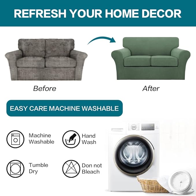 Turquoize 3 Piece Sofa Covers for 2 Cushion Couch Sofa Slipcover Soft Couch Cover for Dogs-Washable Sofa Furniture Covers with 2 Individual Cushion Covers (2 Cushion Sofa, Loden Frost)