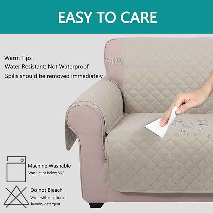 U-NICE HOME 4 Seater Sofa Cover 91 Inch Large Couch Covers for 4 Cushion Couch with Elastic Straps Water Resistant Furniture Protector Cover for Pets Cat (Sofa XX-Large, Beige/Beige)