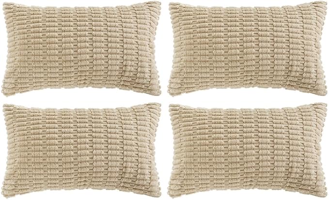 Fancy Homi 4 Packs Tan Decorative Throw Pillow Covers 12x20 Inch for Living Room Couch Bed Sofa, Beige Rustic Farmhouse Boho Home Decor, Soft Plush Striped Corduroy Square Cushion Case 30x50 cm