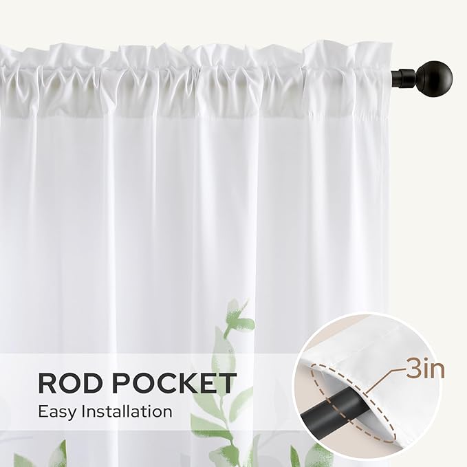 HOMEIDEAS Kitchen Curtains, Short Non-See-Through Privacy 30X36 Inch Length Tier Curtains, Green and White Leaf Floral Print Light Filtering Semi Sheer Small Window Drapes for Bathroom Cafe, 2 Panels