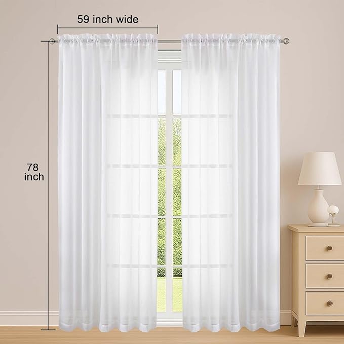 OWENIE White Sheer Curtains 78 Inches Long 2 Panels Set, Ivory Sheer Curtain for Living Room Bedroom, Modern Voile Filmy Rod Pocket Curtains & Drapes, 2 Pcs, Each 59 W x 78L Inch, White