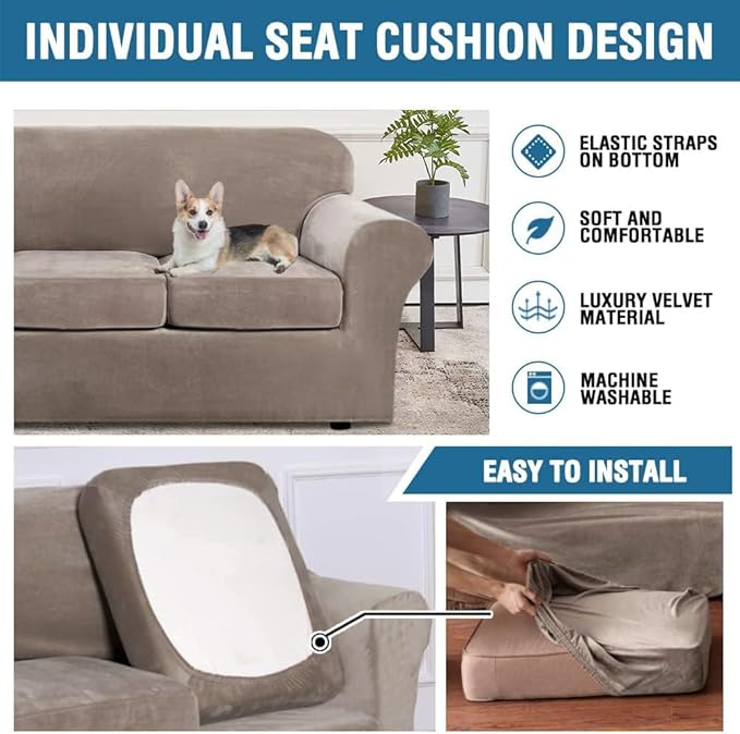 H.VERSAILTEX Modern Velvet Plush High Stretch Sofa Slipcover Furniture Protector Form Fit Luxury Thick Sofa Cover for 3 Cushion Couch, Machine Washable Width Up to 90 Inch (Sofa,Taupe), 4 Piece