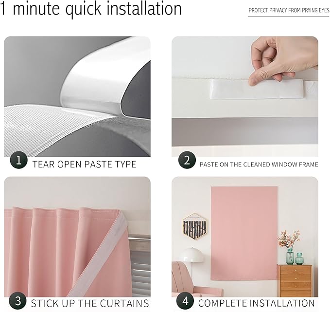 Self Adhesive Blackout Curtains- Stick on Curtains Shades Window Blinds Curtains No Rod Needed Easy to Hang Curtain, Use for Bedroom, Living Room,Roman Shades, 47" W X 79" L, Pink, 1 Panel