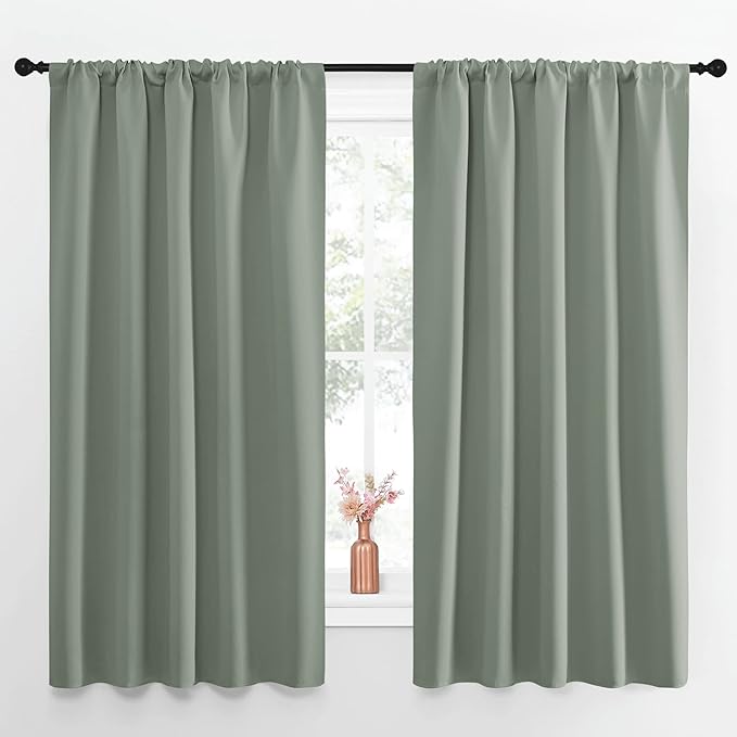 NICETOWN Window Curtains Blackout Drapes - Thermal Insulated Solid Rod Pocket Blackout Curtains/Draperies for Living Room (Greyish Green, One Pair, 52 by 63-Inch)