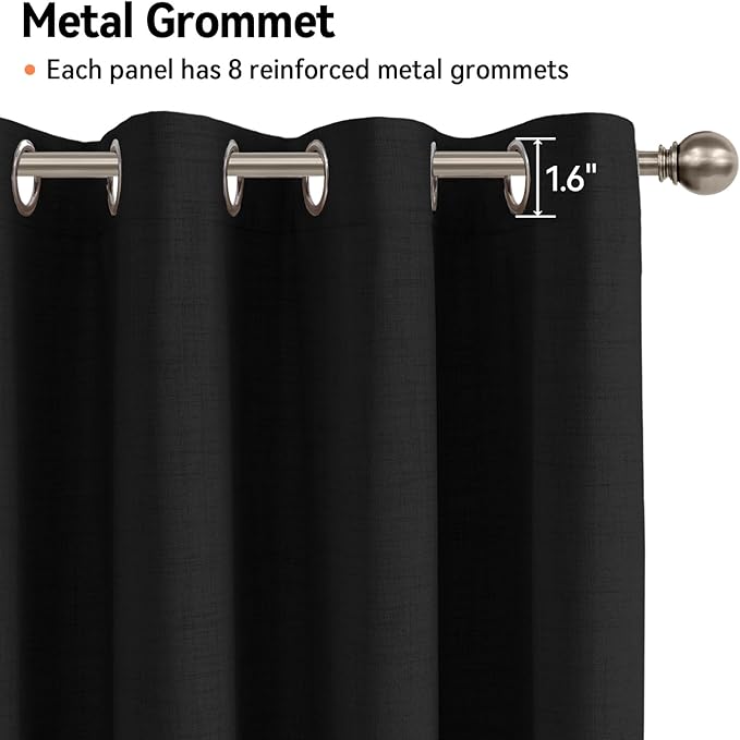 100% Blackout Shield Linen Blackout Curtains for Bedroom, Black Grommet Curtains for Living Room, Thermal Insulated Room Darkening Drapes for Nursery, Boho Home Decor, 50" W x 90" L, 2 Panels