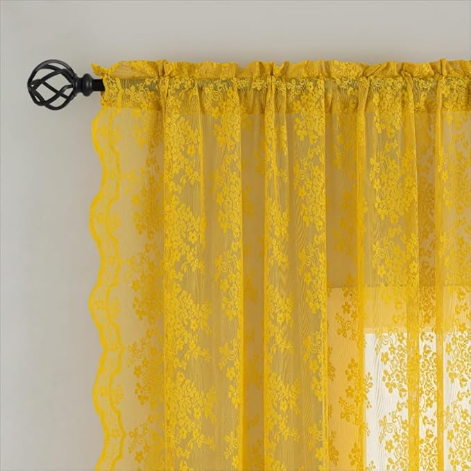 YJ YANJUN Vintage Lace Curtains 84 Inches Long-Victorian Floral Pattern Boho Mustard Yellow Sheer Curtain Panels for Living Room Bedroom,Light Filtering, Dark Gold Summer Drapes 2 Panels 52W x 84L