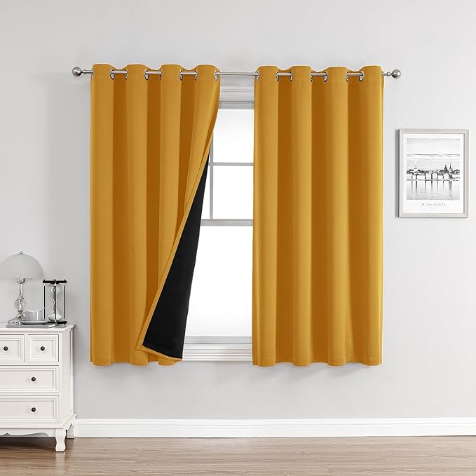 ChrisDowa 100% Blackout Curtains for Bedroom with Black Liner, 2 Thick Layers Total Blackout Thermal Insulated Grommet Window Curtains 2 Panels Set (Mustard Yellow, 52 x 45 Inch)