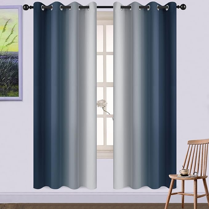 Yakamok Room Darkening Ombre Curtains 72 Inch Length, Navy Blue and Greyish White Thermal Insulated Gradient Color Curtains,Light Blocking Grommet Window Drapes for Bedroom,52 Inch Width,2 Panels