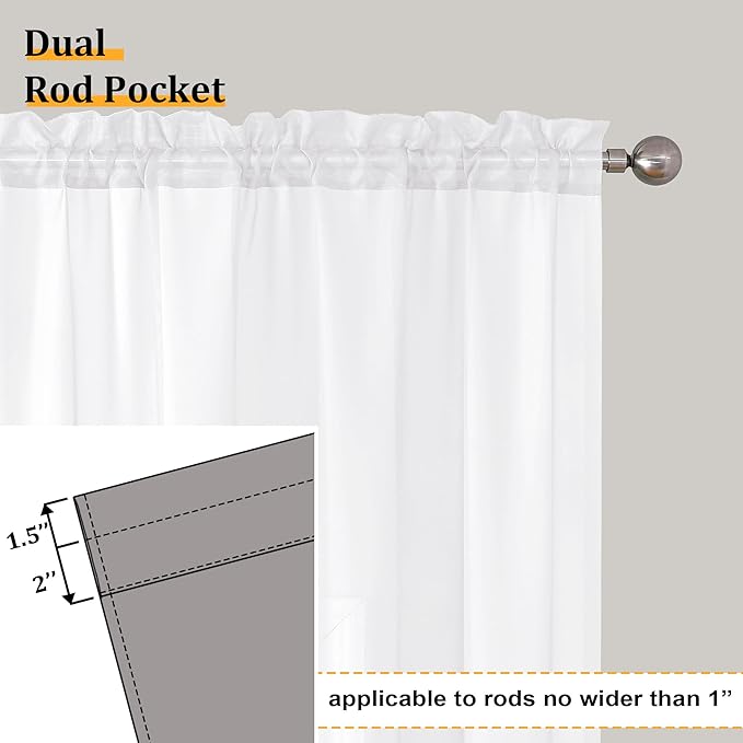 Aiyufeng Voile Sheer Window Curtains 120 inch Extra Long, Rod Pocket Elegant and Airy Drapes Translucent Window Treatments for Living Room/Bedroom, White, 40" Wx120 L, 2 Panels=80" Wide