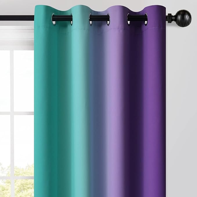 Yakamok Ombre Teal and Purple Curtains for Bedroom, Gradient Room Darkening Curtains, Grommet Thermal Insulated Light Blocking Window Drapes/Curtain for Living Room,52 x 63 Inch,2 Panels