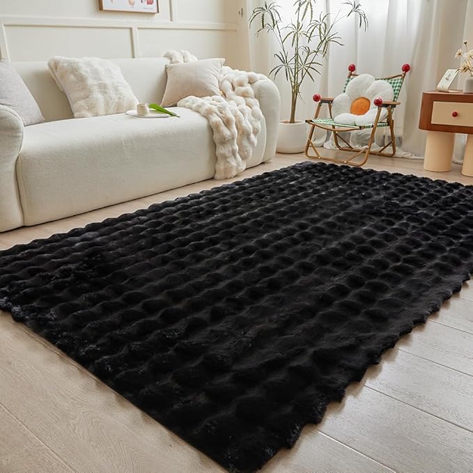 Black Rabbit Plush Rug 5'x8', Fluffy Faux Fur Shaggy Area Rug for Nursery, Kids Room Decor, Soft Fuzzy Carpet for Living Room, Bedroom, Teen Girls Room