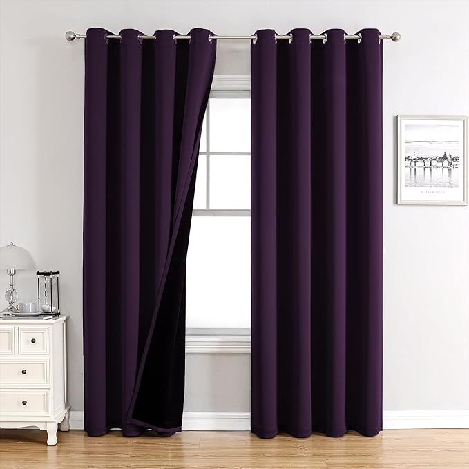 ChrisDowa 100% Blackout Curtains 120 inch Long for Bedroom with Black Liner, 2 Thick Layers Total Blackout Thermal Insulated Grommet Long Window Curtains 2 Panels Set (Royal Purple, 52 x 120 Inch)