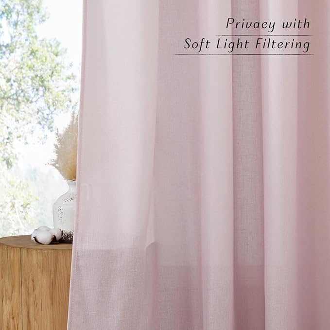 NICETOWN Blush Pink Linen Curtains for Kitchen, Thick Flax Small Window Treatments Semi Sheer Privacy Assured with Light Through for Cafe/Bathroom, W42 x L72, 2 Panels