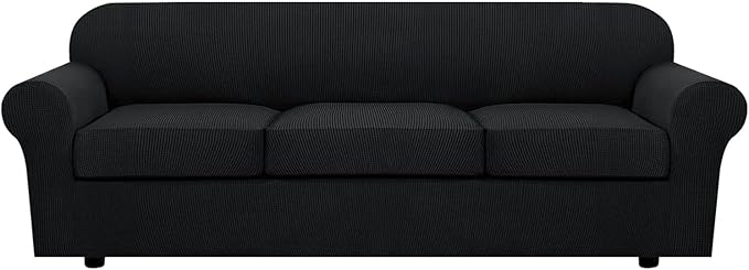 H.VERSAILTEX 4 Piece Stretch Sofa Covers for 3 Cushion Couch Covers for Living Room Furniture Slipcovers (Base Cover Plus 3 Seat Cushion Covers) Thicker Jacquard Fabric (Large Sofa, Black)