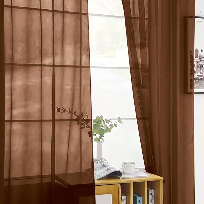 SpaceDresser Brown Sheer Curtains 4 Panels Rod Pocket Semi-Sheer Curtain 84 Inches Long Light Filtering Voile Window Drapes for Bedroom Living Room Kitchen, Each 52W x 84L