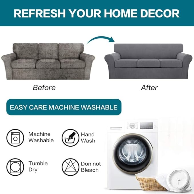 Turquoize 4 Piece Sofa Covers for 3 Cushion Couch Sofa Slipcover Soft Couch Cover for Dogs Washable Furniture Cover with 3 Individual Large Cushion Covers Feature Fabric (Large Sofa, Charcoal Gray)