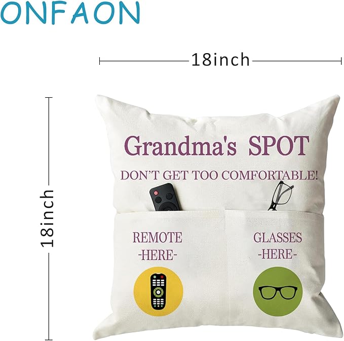 ONFAON Grandma Gifts, Grandma's Spot Throw Pillow Covers 18x18 Inch,Birthday Christmas Thanksgiving Day Gifts for Grandma Mom,2-Pocket