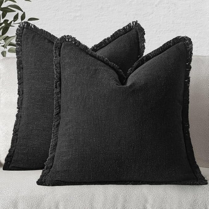 MIULEE Decorative Throw Pillow Covers Neutral Linen Fringe Throw Pillows Euro Shams Set of 2 Black Boho Farmhouse Cushion Covers for Couch Sofa Bed Living Room Spring Home Decor 22x22 Inch