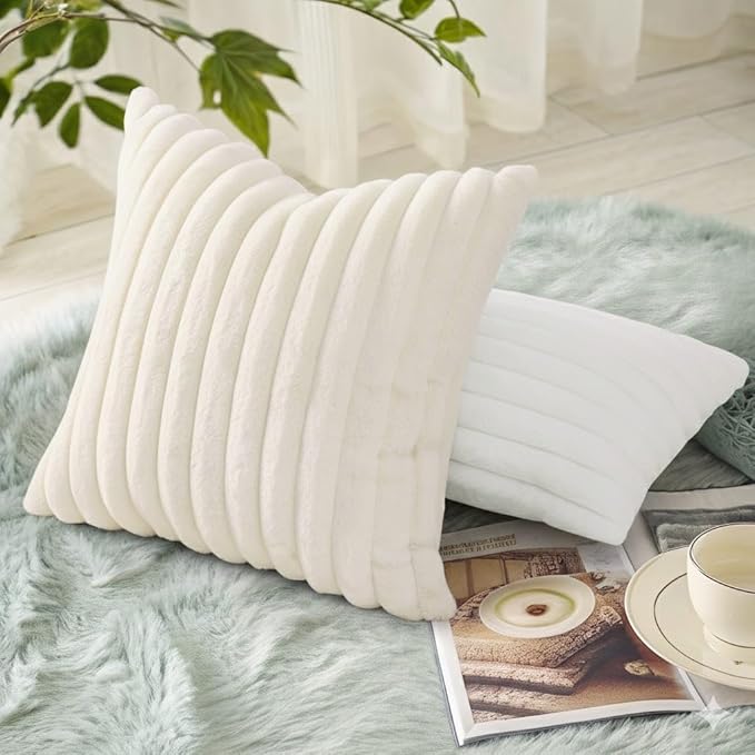 decorUhome Summer Cozy Faux Fur Throw Pillow Covers 20x20 Set of 2 Decorative Soft Plush Striped Modern Farmhouse Boho Couch Pillow Cases with Velvet Back for Sofa Bed Living Room, Cream White