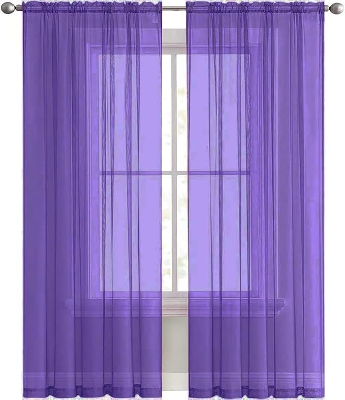 SpaceDresser Sheer Voile Window Treatment Rod Pocket Curtain Panels for Kitchen Bedroom Living Room Drapes Sunlight Filtering Privacy Semi Home Decor Assorted (Purple, 52 W x 84 L)