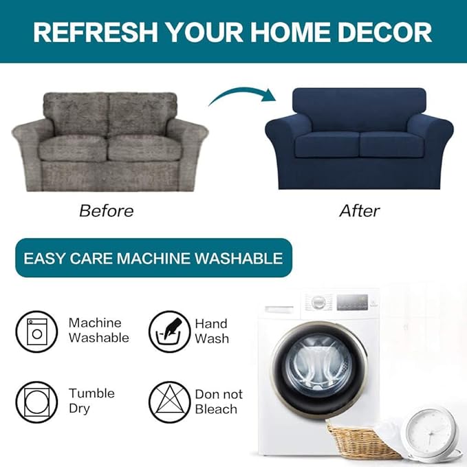 Turquoize 3 Piece Sofa Covers for 2 Cushion Couch Sofa Slipcover Soft Couch Cover for Dogs-Washable Sofa Furniture Covers with 2 Individual Cushion Covers, (2 Cushion Sofa, Navy)