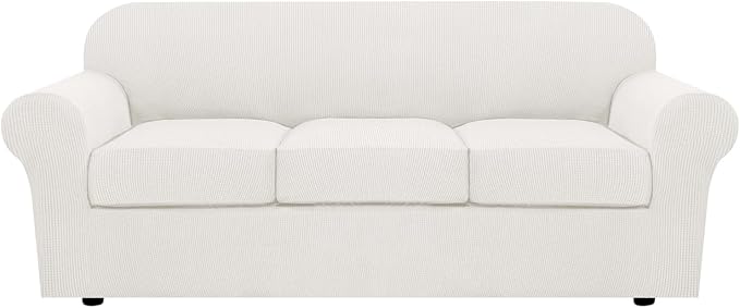 H.VERSAILTEX 4 Piece Stretch Sofa Covers for 3 Cushion Couch Covers for Living Room Furniture Slipcovers (Base Cover Plus 3 Seat Cushion Covers) Thicker Jacquard Fabric (Large Sofa, Porcelain White)