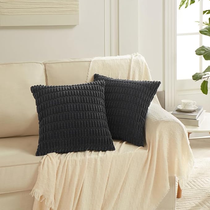 Fancy Homi 4 Packs Boho Black Decorative Throw Pillow Covers 24x24 Inch for Living Room Couch Bed Sofa, Rustic Modern Farmhouse Home Decor, Soft Plush Corduroy Cute Square Cushion Case 60x60 cm