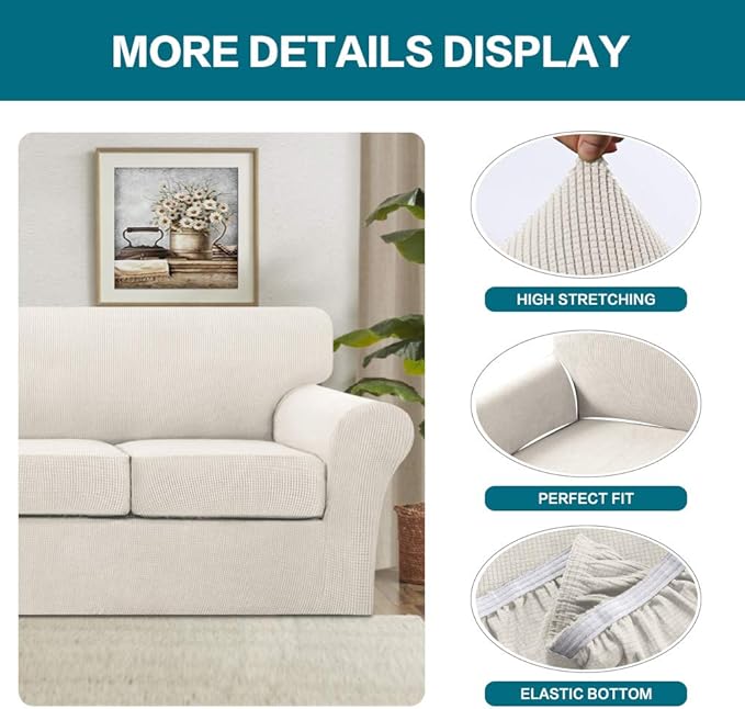 Turquoize 4 Piece Sofa Covers for 3 Cushion Couch Sofa Slipcover Soft Couch Cover for Dogs-Washable Sofa Furniture Covers with 3 Individual Large Cushion Covers, Feature Thick Fabric (XL Sofa, Ivory)