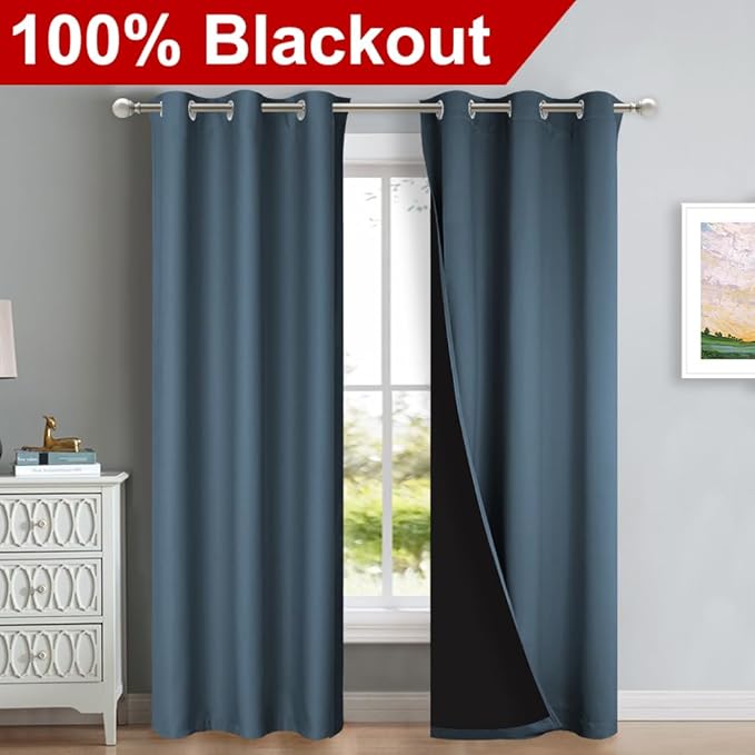 NICETOWN Blackout Curtains 84 inches Long, 2 Pieces, 42" Wide Each Panel, Smoky Blue, Full Light Blocking Drapes with Black Liner for Nursery, Thermal Insulated Draperies for Hall, Villa