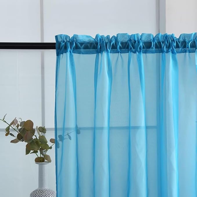 SpaceDresser Basic Rod Pocket Sheer Voile Window Curtain Panels Cyan Blue 1 Pair 2 Panels 52 Width 36 Inch Long for Kitchen Bedroom Children Living Room Yard（Cyan Blue, 52W x 36L）