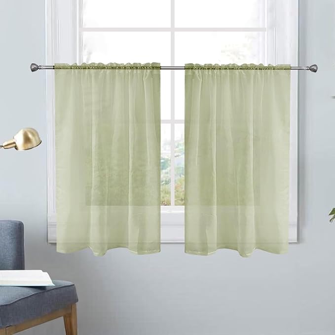 SpaceDresser Basic Rod Pocket Sheer Voile Window Curtain Panels Sage Green 1 Pair 2 Panels 26 Width 24 Inch Long for Kitchen Bedroom Children Living Room Yard（Sage Green，26Wx 24L）