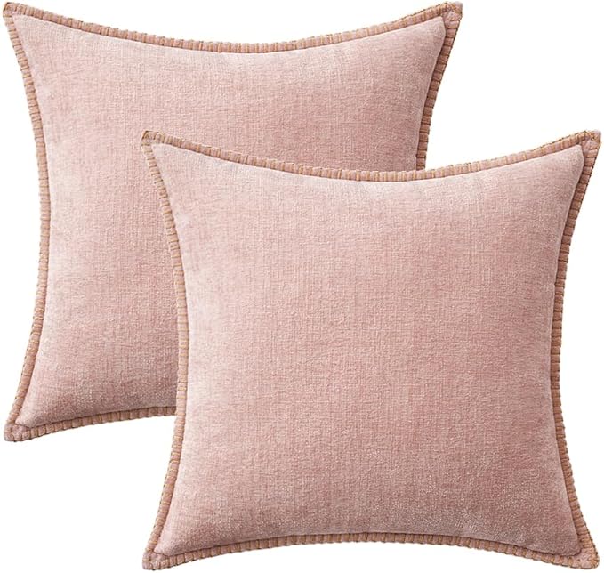 MIULEE Pack of 2 Valentines Day Couch Throw Pillow Covers 18x18 Inch Pink Farmhouse Decorative Pillow Covers with Stitched Edge Soft Chenille Solid Dyed Spring Pillow Covers for Sofa Bed Living Room
