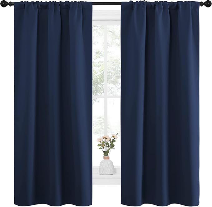 NICETOWN Bedroom Curtains Blackout Draperies, Home Decorations Thermal Insulated Solid Pole Top Blackout Drapes for Living Room (Navy, 1 Pair, 34-inch W x 63-inch L)