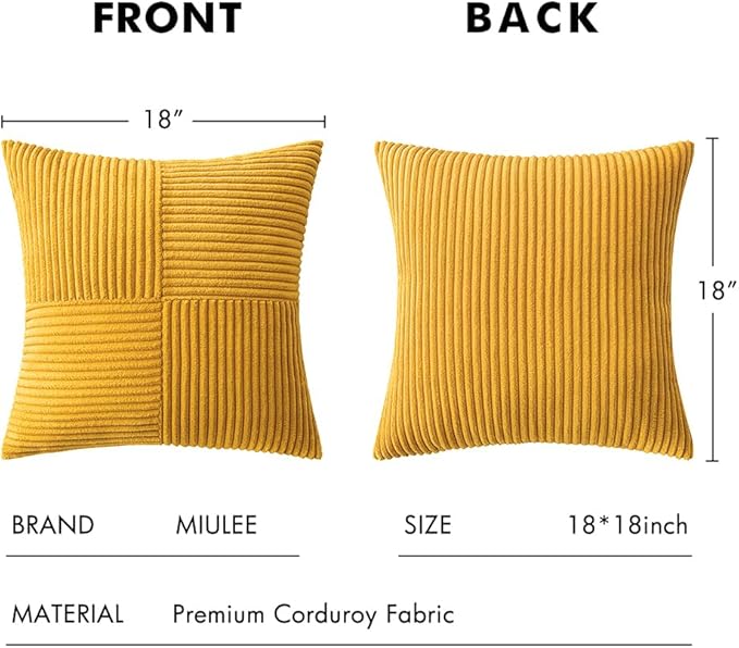 MIULEE Mustard Yellow Decorative Throw Pillow Covers 18x18 Inch for Couch Bed Sofa Pack of 2 Boho Farmhouse Throw Pillows Soft Cross Corduroy Patchwork Textured Cushion Cases