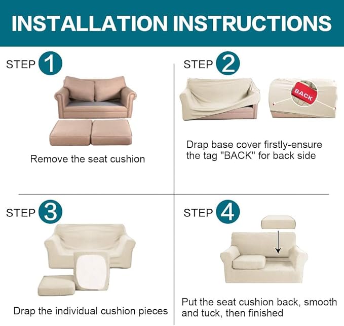 Turquoize 3 Piece Sofa Covers for 2 Cushion Couch Sofa Slipcover Soft Cover for Dogs-Washable Furniture Covers with 2 Individual Cushion Covers, Feature Jacquard Fabric(Loveseat, Biscotti Beige)