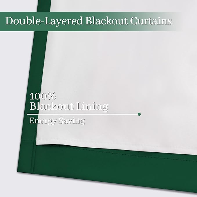 Yakamok 100% Blackout Curtains Dark Green Room Darkening Thermal Insulated with 2 Thick Layers-Hunter Green Window Drapes Set of 2 Panels for Bedroom Living Room 52 Inches by 84 Inches Length
