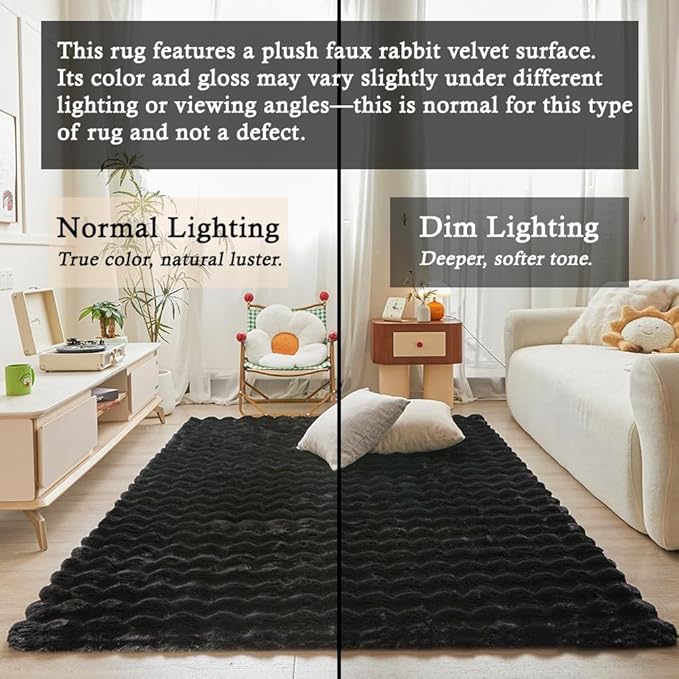 Black Rabbit Plush Rug 5'x8', Fluffy Faux Fur Shaggy Area Rug for Nursery, Kids Room Decor, Soft Fuzzy Carpet for Living Room, Bedroom, Teen Girls Room