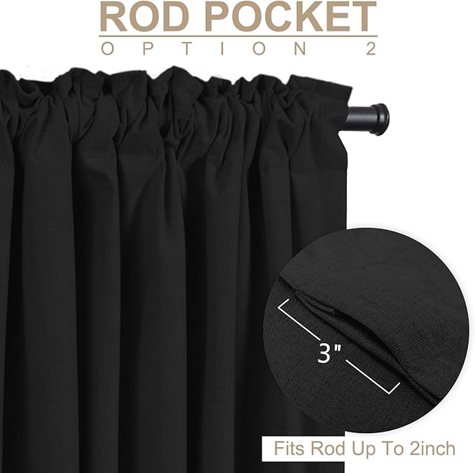 100% Blackout Shield Linen Blackout Curtains for Bedroom 90 Inches Long, Back Tab/Rod Pocket Living Room Drapes, Thermal Insulated Blackout Curtains 2 Panels Set, 50" W x 90" L, Black