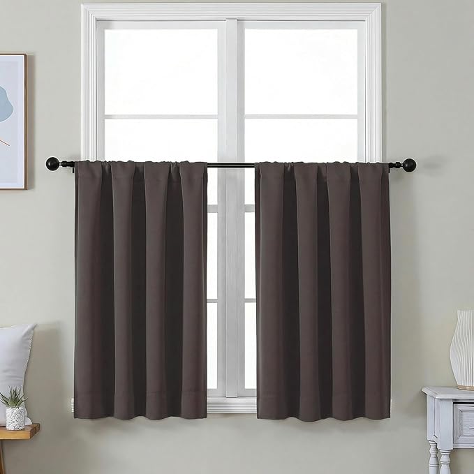 Simplebrand Ava Chocolate Short 36 Inches Blackout Curtain 2 Panels Set, Half Window Rod Pocket Privacy Curtain Tiers for Kitchen, Curtains Blackout for Bathroom Shades, W40 x L36 Inch, Chocolate