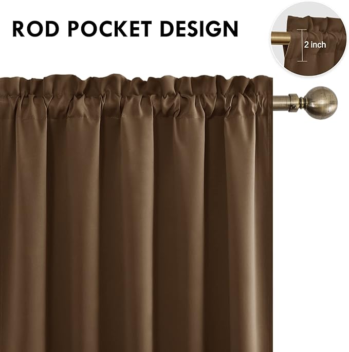 DWCN Blackout Curtains for Bedroom – Rod Pocket Thermal Insulated Noise Reducing Noise Reducing Drapes for Living Room, W 60 x L 63 Inch, 2 Panels, Brown