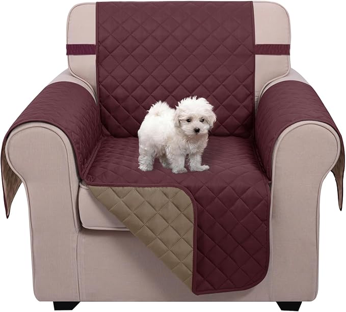 U-NICE HOME Recliner Chair Covers Reversible Chair Cover Pet Covers for Dogs with Elastic Straps Water Resistant Diamond Quilted (23''Armchair, Burgundy/Tan)