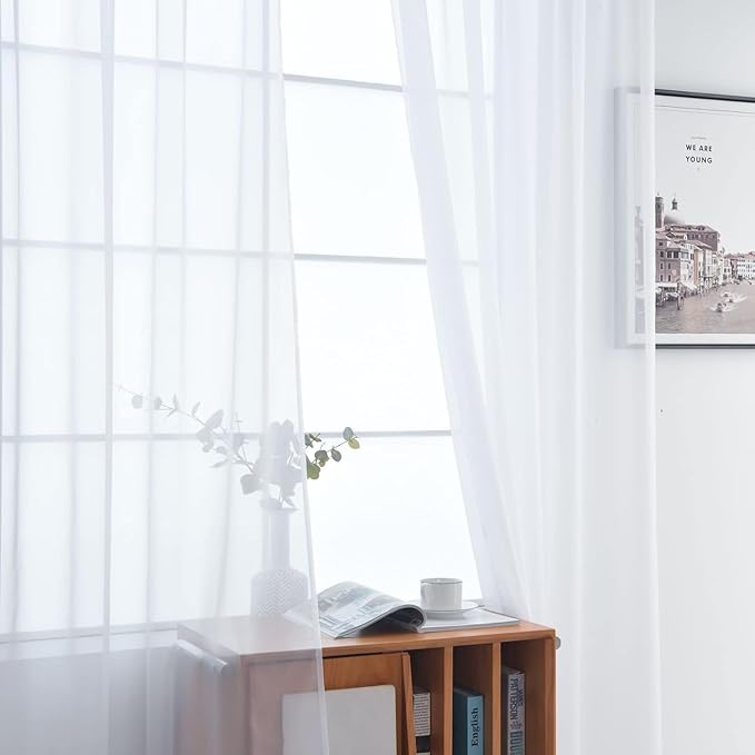 SpaceDresser Sheer White Curtains 4 Panels Rod Pocket Semi-Sheer Curtain 63 Inches Long Light Filtering Voile Window Drapes for Bedroom Living Room Kitchen, Each 52W x 63L