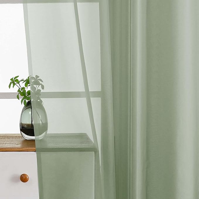 Sage Green Sheer Curtains Tier 30 Inches Length 2 Panels, Light Filtering Lightweight Soft Window Treatments Drapes, Cute Elegant Cafe Curtains for Nursery, Dual Rod Pocket, 2x42Wx30L Inches