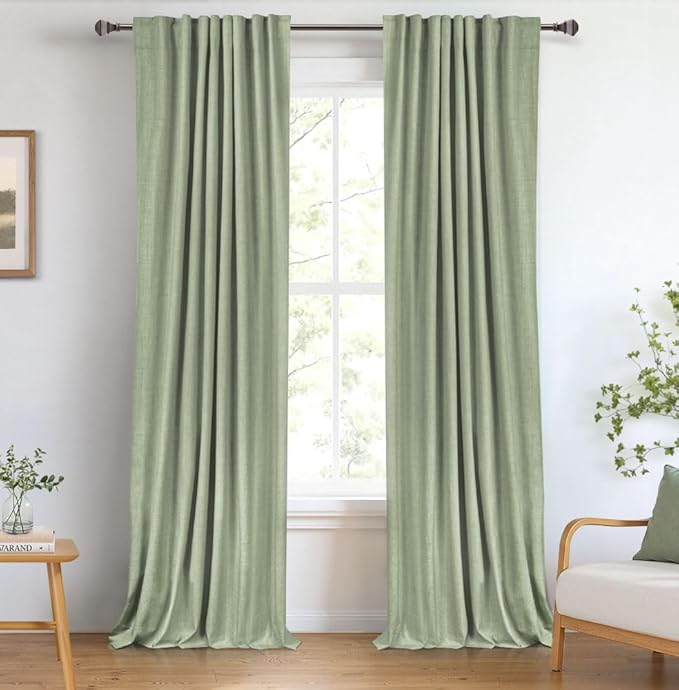 100% Blackout Shield Linen Blackout Curtains for Bedroom 90 Inches Long, Back Tab/Rod Pocket Living Room Drapes, Thermal Insulated Blackout Curtains 2 Panels Set, 50" W x 90" L, Sage